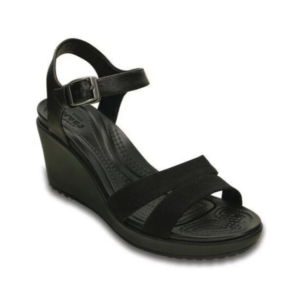 Crocs Sandals USWomen 4 Leigh ll Wedge Ankle Strap High Heel Black Canvas 11382
